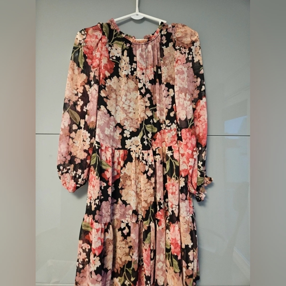 Floral Long Sleeve Tiered Dress - Pink/Black